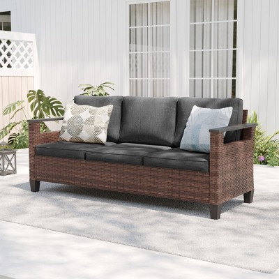 Sonkuki Outdoor Wicker Patio 3-Seat Sofa, PE Rattan Conversation Set With All-Weather Cushions