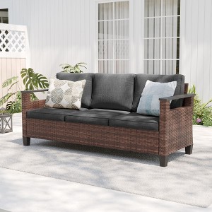 Sonkuki Outdoor Wicker Patio 3-Seat Sofa, PE Rattan Conversation Set With All-Weather Cushions - 1 of 4