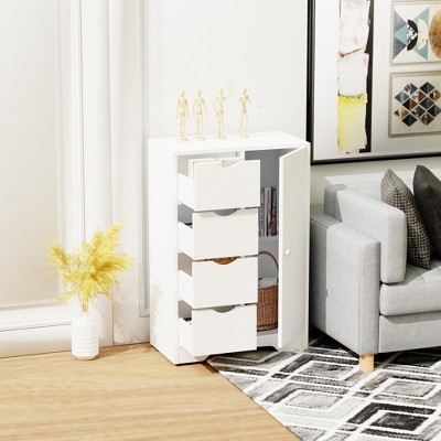 FurnitureR Storage Cabinet with 4 Drawers and Side Door, Modern Wood Organizer Unit with Adjustable Shelves, 32.28Inch Tall, White