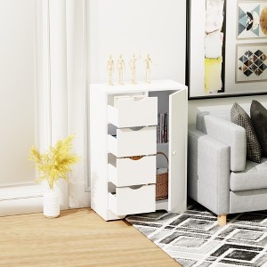 FurnitureR Storage Cabinet with 4 Drawers and Side Door, Modern Wood Organizer Unit with Adjustable Shelves, 32.28Inch Tall, White - 1 of 4