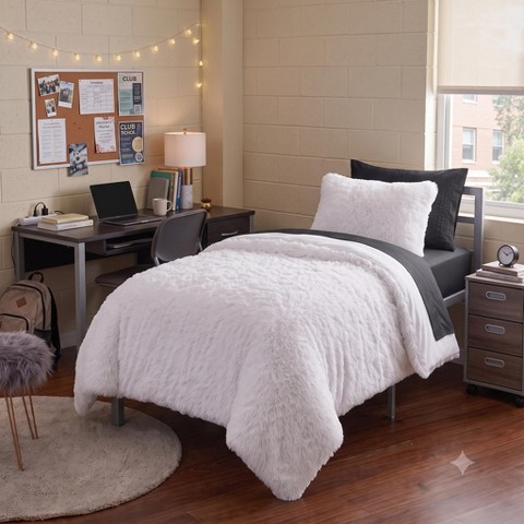 Sweet Home Collections 7PC Campus Ready Dorm Twin XL Plush Shaggy Bedding, Solid Sheet Set, Bed Pillows - Twin Extra Long, White/Black