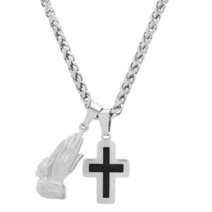 Steeltime 24" Men's stainless steel prayer hands and cross with black enamel pendant - 1 of 4