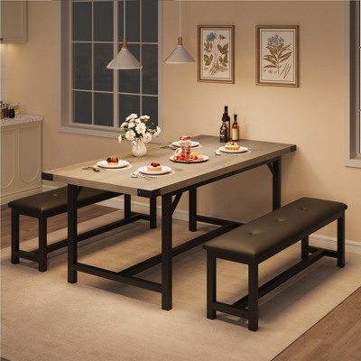 Dining Table Set for 4-6, 63" Dining Table Set, Extendable Kitchen Table with 2 Upholstered Benches