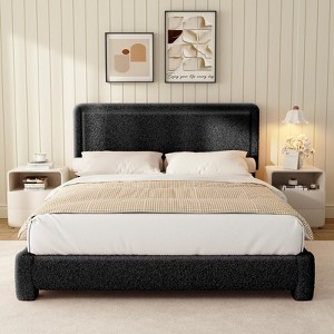 Dyonery Boucle Bed Frame with Adjustable Headboard, Soft Cloud Platform Bed with Teddy Fabric, Rounded Corners & Noise-Free Design - 1 of 4