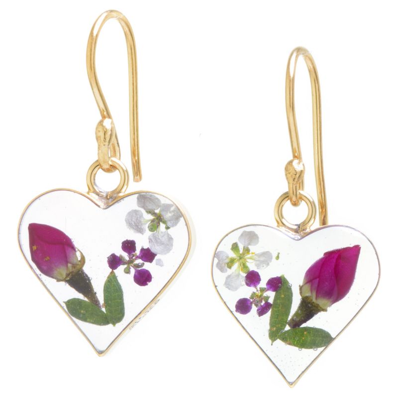 Women's Gold over Sterling Silver Pressed Flowers Small Heart Drop Earrings, 1 of 2