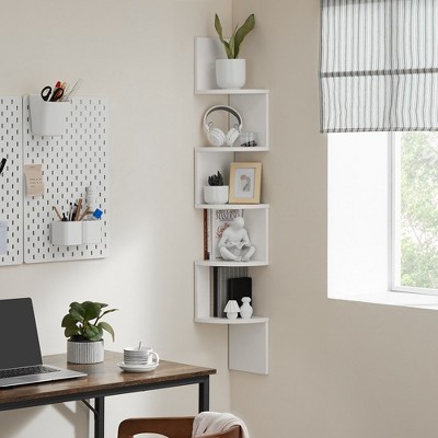White Zigzag Floating 5-Tier Particleboard Corner Wall Shelf