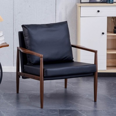 Cooper 28.74" Wide Faux Leather Thick Padded Backrest and Seat Cushion Walnut Metal Legs With Armrest Accent Chair-Maison Boucle