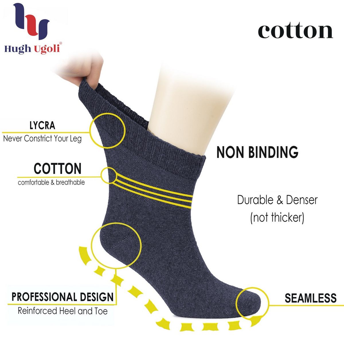 Hugh Ugoli Men's Cotton Diabetic Ankle Socks Wide Fit Seamless Toe Non-Binding, 4 Pairs - thumbnail 3