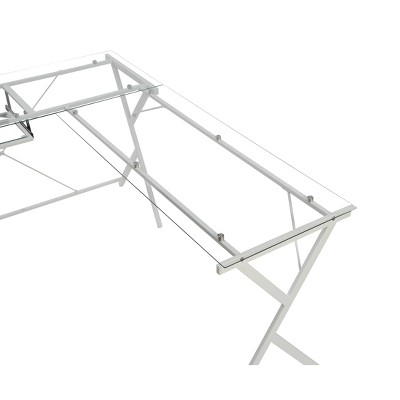 62" White Glass Top L-Shaped Computer Desk with Keyboard Tray