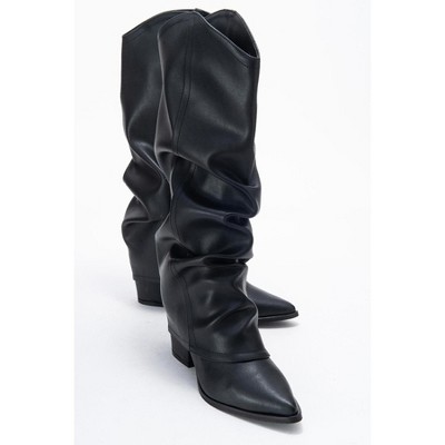 Elaris - Black Gusseted Block Heel Knee-High Boot (Women) | Prologue Shoes