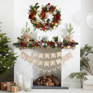 6 FT Pre-Lit Holiday Garland with 20 LED Lights for Front Door, Red & White Christmas Decoration with Bows, Berries, Ball Ornaments Xmas Flowers - 1 of 4