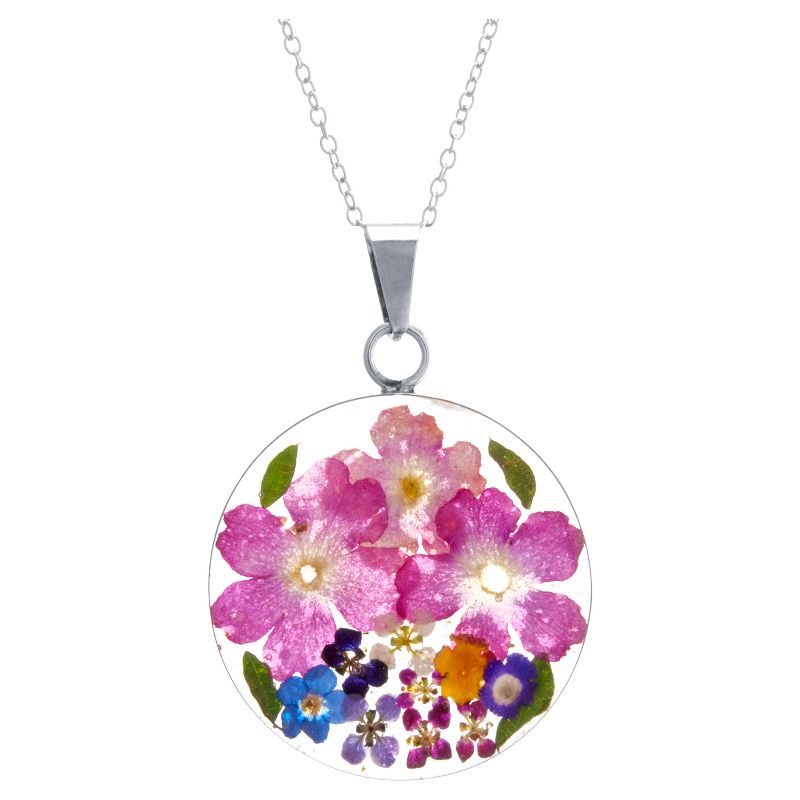Women's Sterling Silver Pressed Flowers Small Round Pendant (18"), 1 of 2