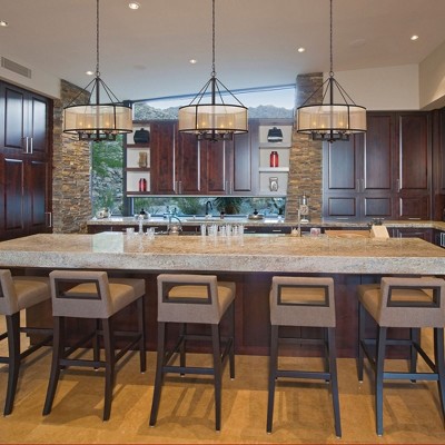 Oil Rubbed Bronze Drum Chandelier with Mercury Glass and Beige Fabric Shade