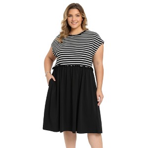 Women's Plus Size Striped Patchwork Gathered-Waist Crew Neck Raglan Sleeve with Pockets Midi Casual A-Line Dresses - GRACE & GRANDEUR - 1 of 4
