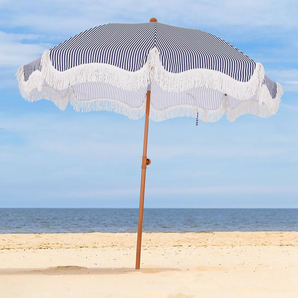 Photos - Umbrella Captiva Designs 7ft Fringed Elegant Valance Tilt Patio Market  Nav