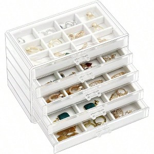 Earring Holder Organizer, 5 - Drawer Jewelry Box with Clear Acrylic Case and Adjustable Velvet Trays - Warmwhite - 1 of 4