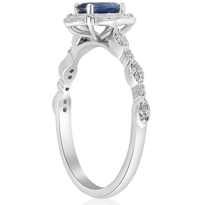 Pompeii3 3/4ct Oval Blue Sapphire Diamond Halo Vintage Engagement Ring 14K White Gold, 2 of 6