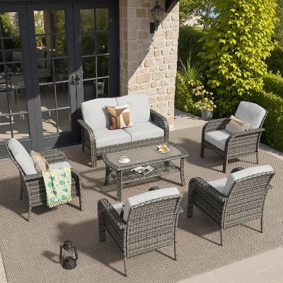 XIZZI Outdoor Wicker Sofa Set with Optional Swivel Chairs, 3.5" Cushions 5 Colors (Gray, Black, Navy, etc.), All-Weather Rattan, Modular 2-7 Pieces