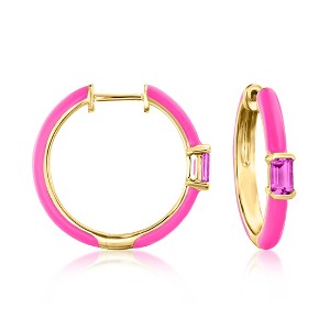 Ross-Simons 0.60 ct. t.w. Rhodolite Garnet and Pink Enamel Hoop Earrings in 18kt Gold Over Sterling - 1 of 2