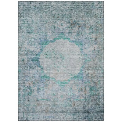 Teal Blue Aqua And Gray Oriental Washable Indoor Outdoor Area Rug