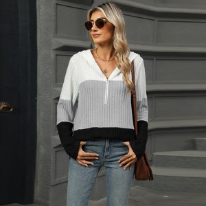 Women Pullover Loose Long-Sleeved Hooded Top With Contrast Color Stitching And Zipper - 1 of 4