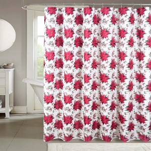 RT Designers Collection Christmas Holly Poinsettia Slub Shower Curtain 70" x 72" White - 1 of 4