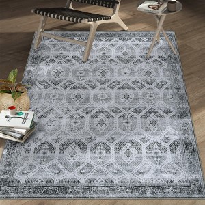 5x7 Washable Rug Non-Slip Vintage Geometric Area Rug - Low Pile Stain Resistant Carpet for Living Room, Bedroom, Office (Grey) - 1 of 4