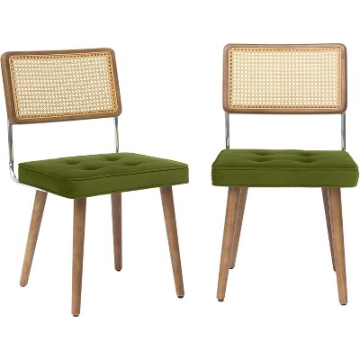 coucheta Vintage Rattan Back Dining Chair of 2, Upholstered Kitchen Chairs with Rattan Back and Upholstered Velvet Fabric, for Kitchen, Dining, Green
