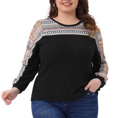 Agnes Orinda Women's Plus Size Texture Lightweight Waffle Boho Color Block Crew Neck Long Sleeve Casual Blouse