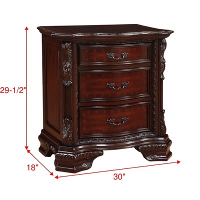 Vynxaria Traditional Nightstand - Brown Cherry End Table with 3 Storage Drawers and Decorative Pulls, Solid Wood Bedroom Furniture.