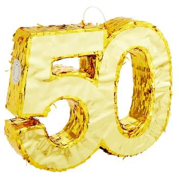Sparkle and Bash 50th Gold Foil Pinata Number for Birthday and 50 Year Golden Anniversary Party Supplies Decorations, 16 x 13.2 In