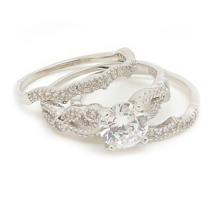 Wedding Ring Set for Women CZ Engagement 3pc Bridal Band Sterling ...