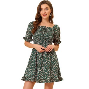 Allegra K Women's Square Neck Puff Sleeve Smocked Floral Ruffled Hem Dress - 1 of 4