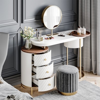 POVISON Modern Makeup Vanity Table With LED Lighted Mirror, Dressing Table with Movable Tray Top, 3 Solid Wood Drawer, Without Stool, 43", White