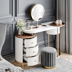 POVISON Modern Makeup Vanity Table With LED Lighted Mirror, Dressing Table with Movable Tray Top, 3 Solid Wood Drawer, Without Stool, 43", White - 1 of 4