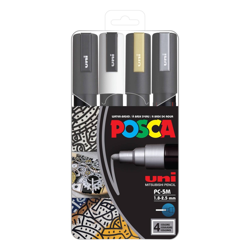 uniball POSCA PC-5M Water Based Paint Markers in Metallic Colors - Medium Tip (1.8-2.5mm) - 4 Pack: Paint Pens Acrylic