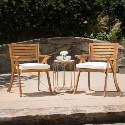 Patio Acacia Wood Dining Chairs Set Of 2,Fabric Upholstered Wooden Armrests Chair,Patio Arm Dining Chair With Slat Backrest-Coolbibila
