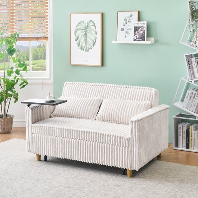Dual functions corduroy sofa with pull-out and push-in, equipped with a movable tabletop and USB ports for use in living rooms bedrooms
