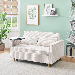 Dual functions corduroy sofa with pull-out and push-in, equipped with a movable tabletop and USB ports for use in living rooms bedrooms - 1 of 4