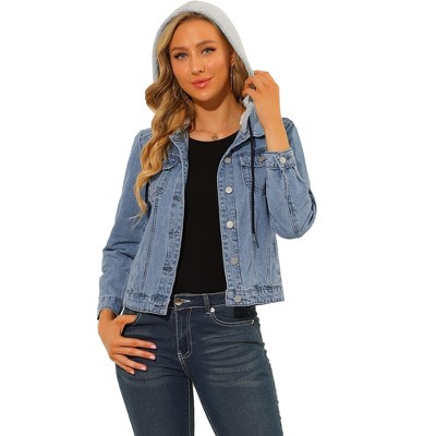 Женские куртки Allegra K Women's Removable Hood Button Up Layered Drawstring Denim Jackets Blue Small — фото 2