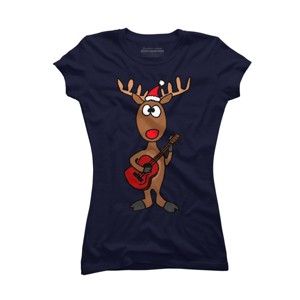 Junior's Design By Humans Funny Cool Christmas Reindeer Playing the Guitar By SmileToday T-Shirt - 1 of 3