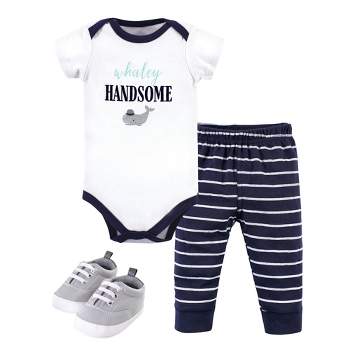 Little Treasure Baby Boy Cotton Bodysuit, Pant and Shoe 3pc Set, Whaley Handsome