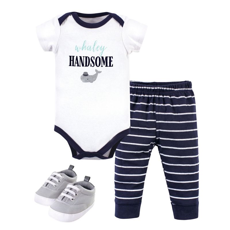 Little Treasure Baby Boy Cotton Bodysuit, Pant and Shoe 3pc Set, Whaley Handsome, 1 of 5