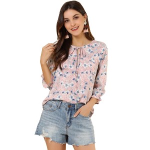 Allegra K Women's Floral Bow Tie Neck Vintage 3/4 Sleeve Blouse - 1 of 4