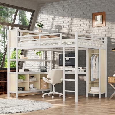 Lycvki Metal Loft Bed with Wardrobe and L-shaped Desk for Kids Teens Adults