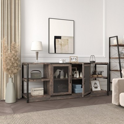 Rustic Brown and Black Metal Mesh Door TV Stand for 65+ Inch TV