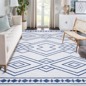 Acekool Modern Geometric Area Rug Collection, Washable Faux  Feel, Thin Foldable Non Slip TPR Backing, Blue Coffee Gray, Multiple Sizes - 1 of 4