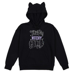 Coraline Twitchy Witchy Girl Text with Iridescent Black Sequins and Chenille Embroidery on Black Cat hoodie Adult - 1 of 2
