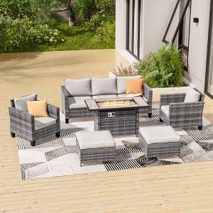 Sonkuki 6 Pieces Patio Sofa with Rectangle Fire Pit Table and Ottomans, Wicker Conversation Couch, Navy Blue Cushion - 1 of 4