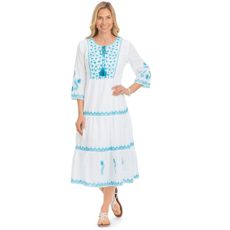 Collections Etc Beautiful Embroidered Scoop Neckline Tiered Dress with 3/4 Sleeves, 4 of 6